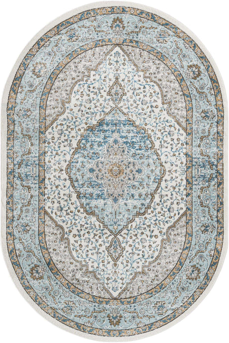Blue 6' 1 x 9' Nyla Oval Area Rug 100% Polypropylene Traditional Classic Carpet for Living Room, Kitchen, Bedroom, Dining, Office for Sale at Rug Engine