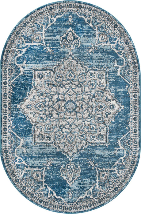 Blue 6' 1 x 9' Nyla Oval Area Rug 100% Polypropylene Traditional Classic Carpet for Living Room, Kitchen, Bedroom, Dining, Office for Sale at Rug Engine