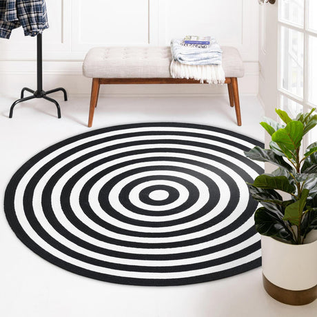 Washable Black and White 3' 3 x 3' 3 Eco Verse Indoor Outdoor Washable Round Area Rug Easy to Clean Stain Resistant & Durable Weather Resistant for Patio, Deck, Terrace, Balcony, Porch 100% PET Polyester (Recycled Plastic Bottles) for Sale at Rug Engine