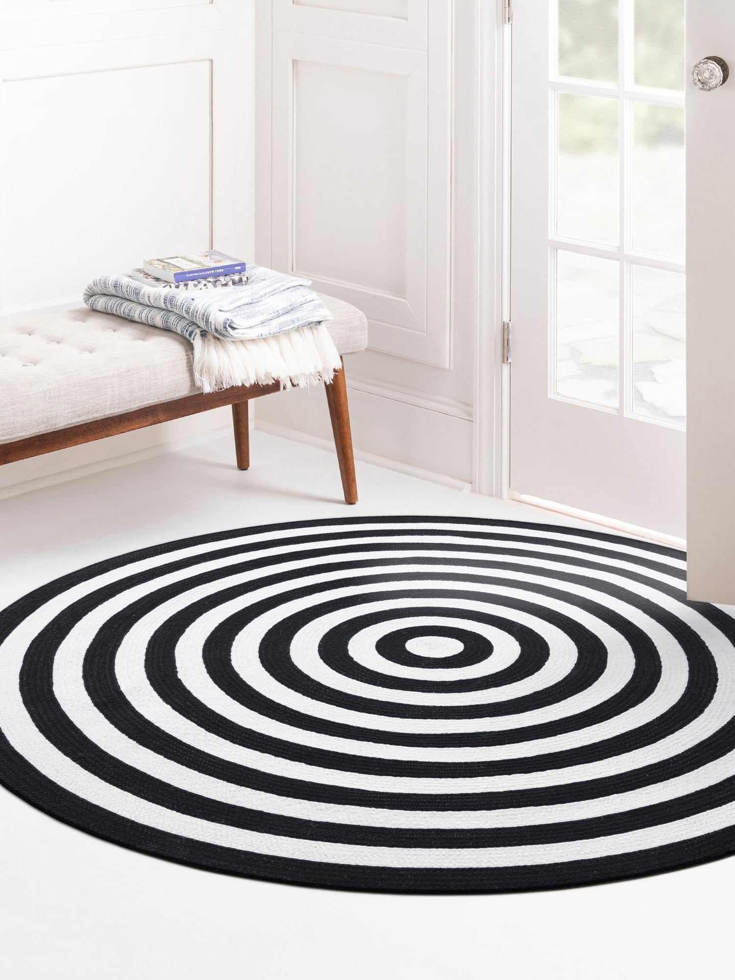 Washable Black and White 10' x 10' Eco Verse Indoor Outdoor Washable Round Area Rug Easy to Clean Stain Resistant & Durable Weather Resistant for Patio, Deck, Terrace, Balcony, Porch 100% PET Polyester (Recycled Plastic Bottles) for Sale at Rug Engine