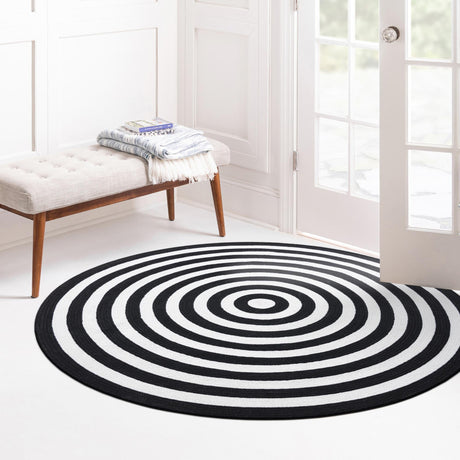 Washable Black and White 10' x 10' Eco Verse Indoor Outdoor Washable Round Area Rug Easy to Clean Stain Resistant & Durable Weather Resistant for Patio, Deck, Terrace, Balcony, Porch 100% PET Polyester (Recycled Plastic Bottles) for Sale at Rug Engine