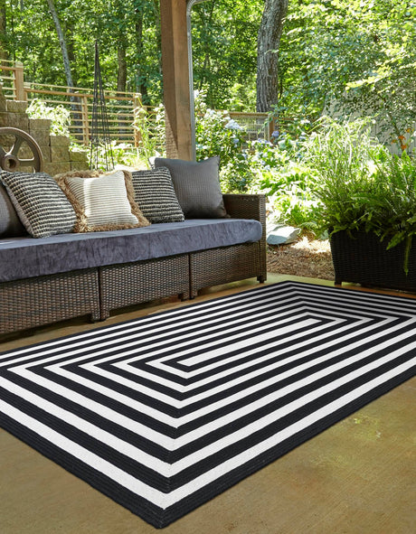 Washable Black and White 4' 1 x 6' 1 Eco Verse Indoor Outdoor Washable Rectangle Area Rug Easy to Clean Stain Resistant & Durable Weather Resistant for Patio, Deck, Terrace, Balcony, Porch 100% PET Polyester (Recycled Plastic Bottles) for Sale at Rug Engine