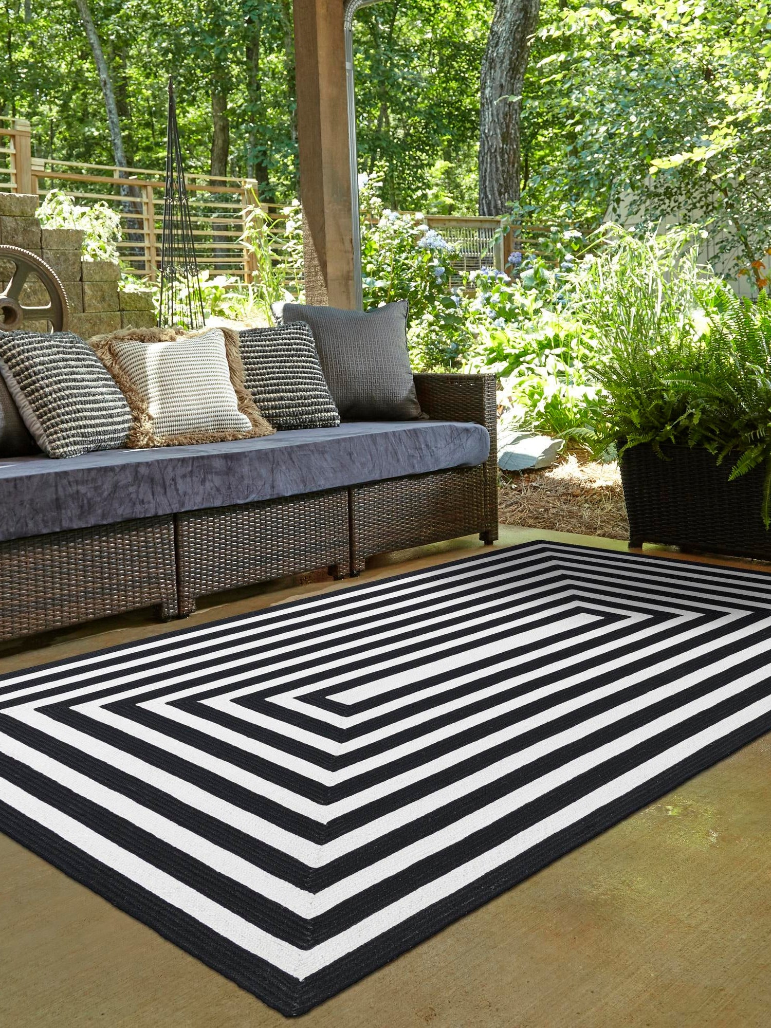 Washable Black and White 9' x 12' Eco Verse Indoor Outdoor Washable Rectangle Area Rug Easy to Clean Stain Resistant & Durable Weather Resistant for Patio, Deck, Terrace, Balcony, Porch 100% PET Polyester (Recycled Plastic Bottles) for Sale at Rug Engine