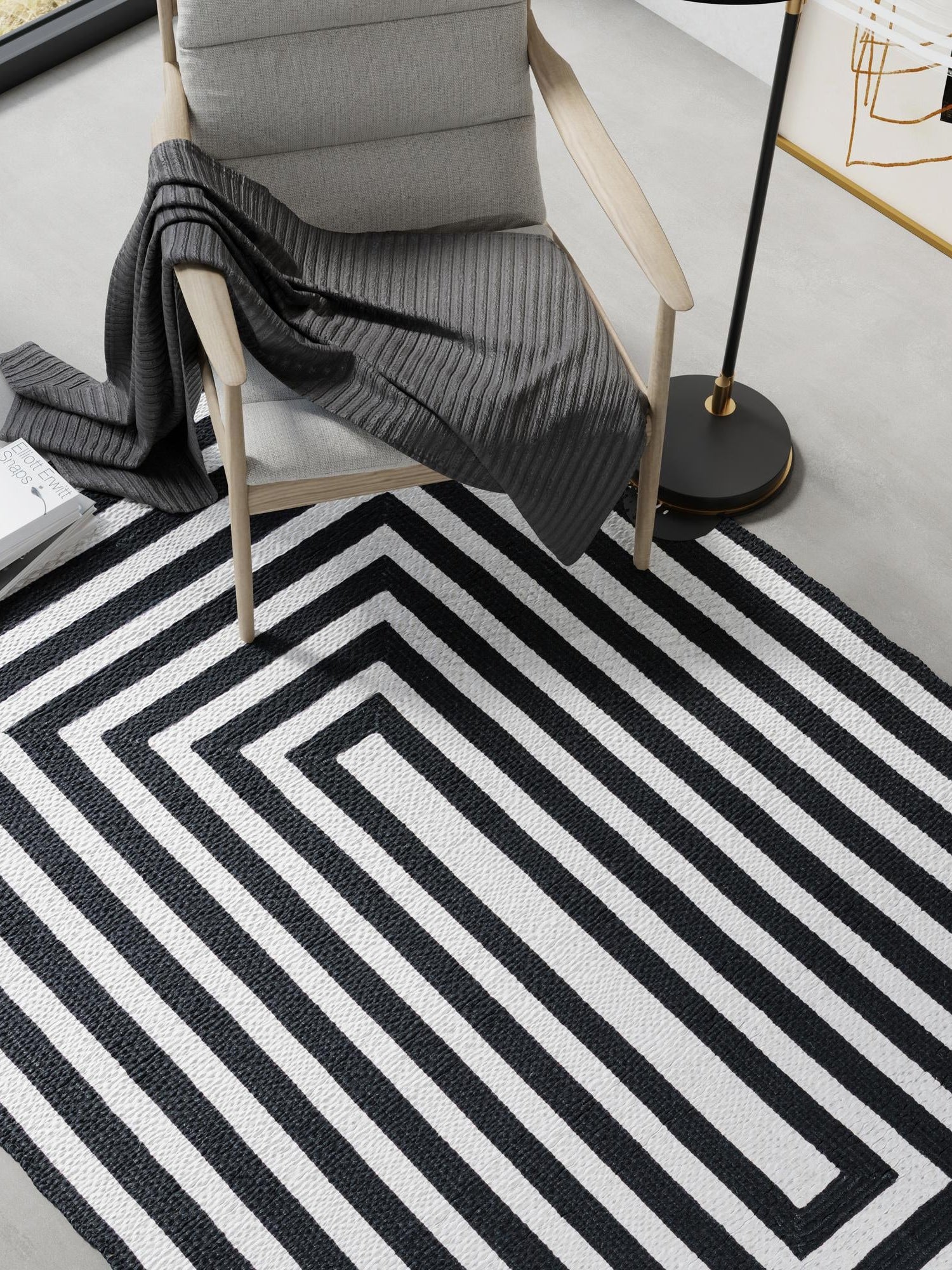 Washable Black and White 5' 3 x 8' Eco Verse Indoor Outdoor Washable Rectangle Area Rug Easy to Clean Stain Resistant & Durable Weather Resistant for Patio, Deck, Terrace, Balcony, Porch 100% PET Polyester (Recycled Plastic Bottles) for Sale at Rug Engine