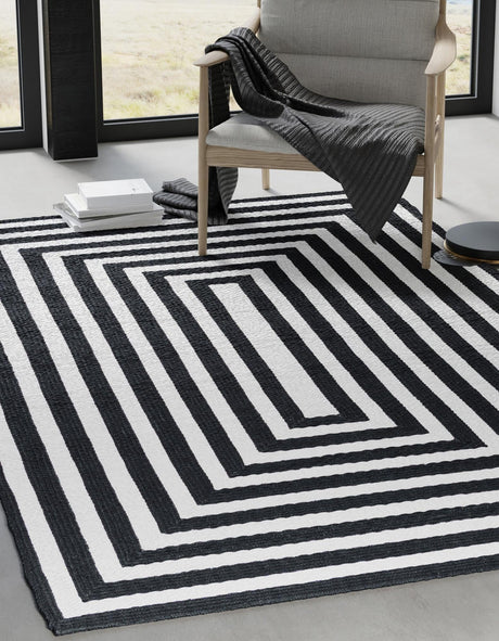 Washable Black and White 4' 1 x 6' 1 Eco Verse Indoor Outdoor Washable Rectangle Area Rug Easy to Clean Stain Resistant & Durable Weather Resistant for Patio, Deck, Terrace, Balcony, Porch 100% PET Polyester (Recycled Plastic Bottles) for Sale at Rug Engine
