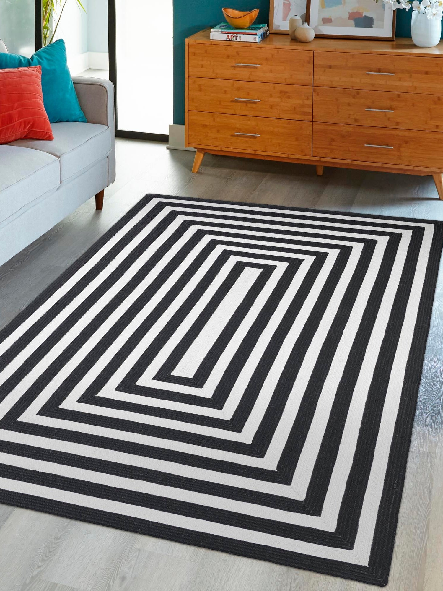 Washable Black and White 9' x 12' Eco Verse Indoor Outdoor Washable Rectangle Area Rug Easy to Clean Stain Resistant & Durable Weather Resistant for Patio, Deck, Terrace, Balcony, Porch 100% PET Polyester (Recycled Plastic Bottles) for Sale at Rug Engine