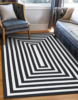 Washable Black and White 4' 1 x 6' 1 Eco Verse Indoor Outdoor Washable Rectangle Area Rug Easy to Clean Stain Resistant & Durable Weather Resistant for Patio, Deck, Terrace, Balcony, Porch 100% PET Polyester (Recycled Plastic Bottles) for Sale at Rug Engine