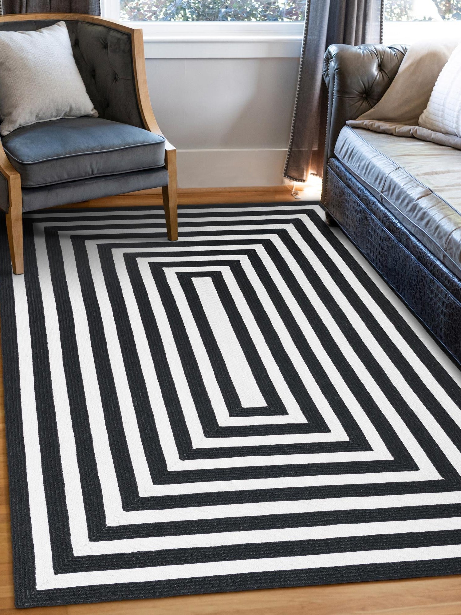 Washable Black and White 7' 10 x 10' Eco Verse Indoor Outdoor Washable Rectangle Area Rug Easy to Clean Stain Resistant & Durable Weather Resistant for Patio, Deck, Terrace, Balcony, Porch 100% PET Polyester (Recycled Plastic Bottles) for Sale at Rug Engine