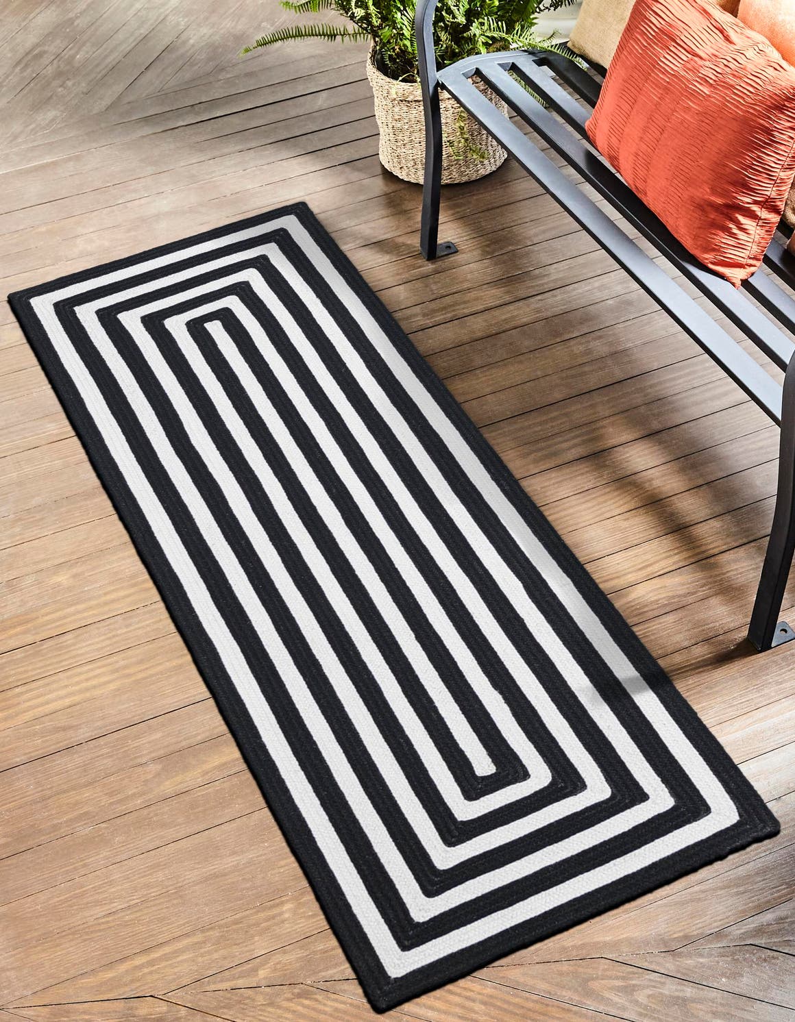 Washable Black and White 2' x 8' Eco Verse Indoor Outdoor Washable Runner Area Rug Easy to Clean Stain Resistant & Durable Weather Resistant for Patio, Deck, Terrace, Balcony, Porch 100% PET Polyester (Recycled Plastic Bottles) for Sale at Rug Engine