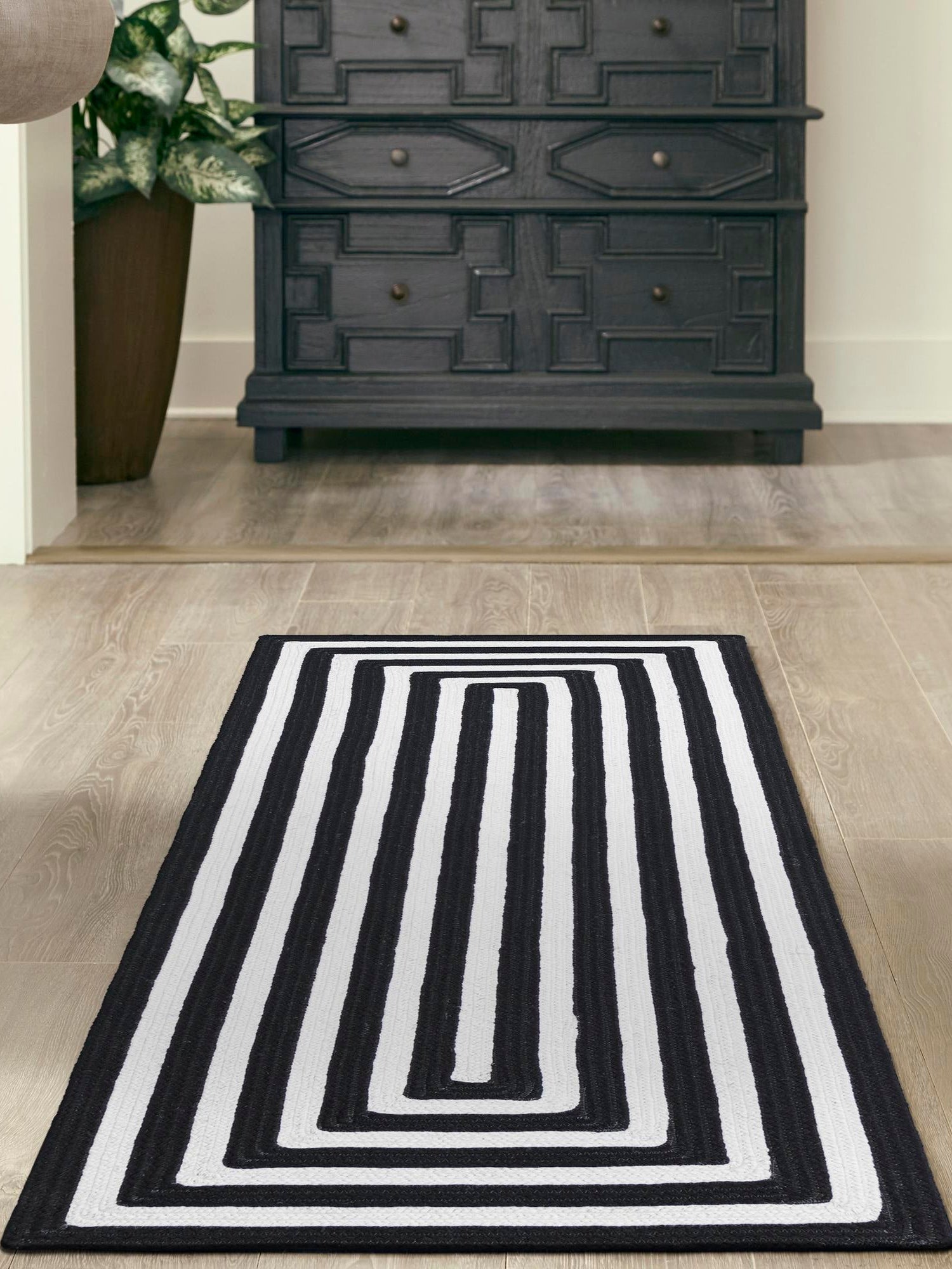 Washable Black and White 2' x 6' 1 Eco Verse Indoor Outdoor Washable Runner Area Rug Easy to Clean Stain Resistant & Durable Weather Resistant for Patio, Deck, Terrace, Balcony, Porch 100% PET Polyester (Recycled Plastic Bottles) for Sale at Rug Engine