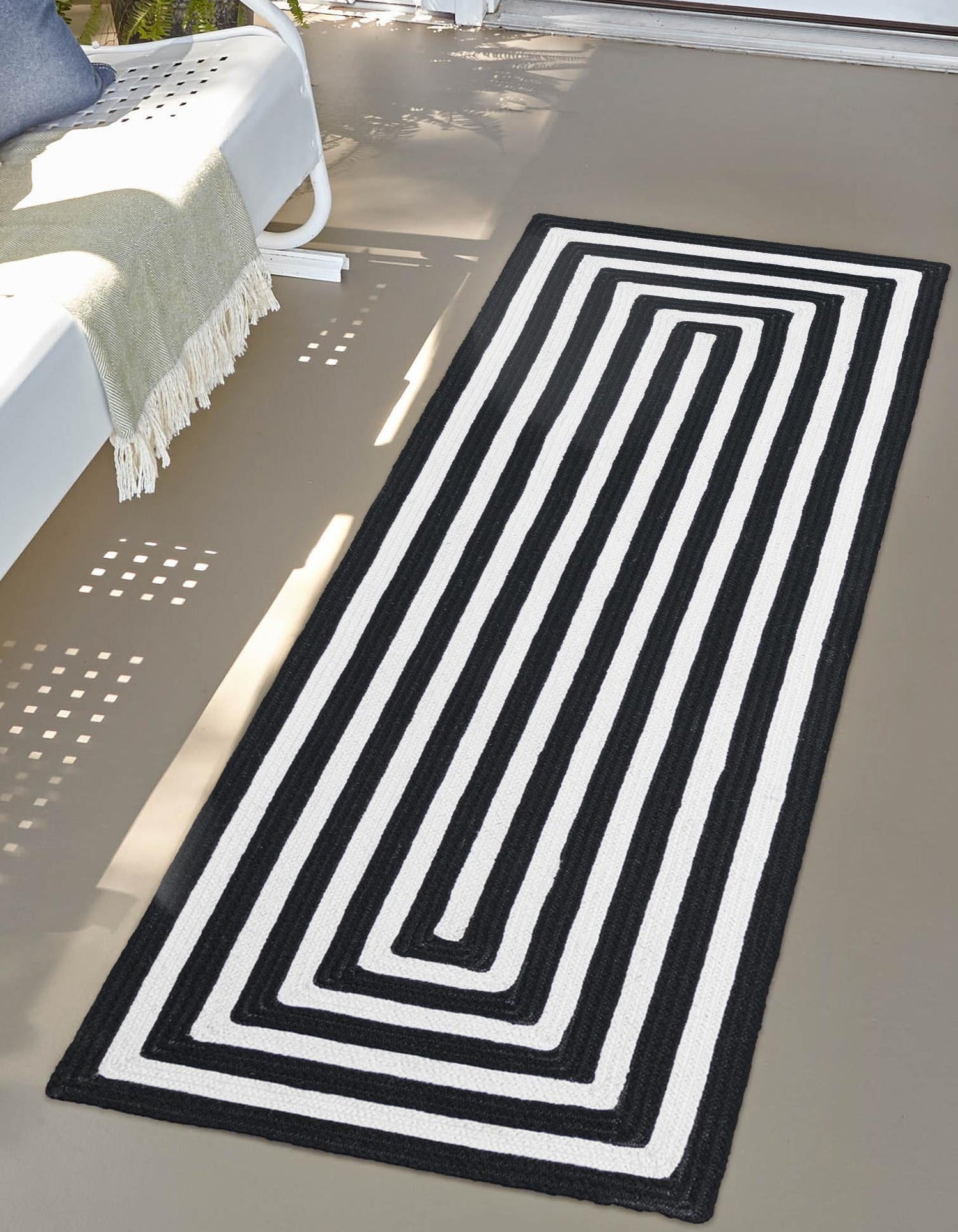 Washable Black and White 2' 7 x 10' Eco Verse Indoor Outdoor Washable Runner Area Rug Easy to Clean Stain Resistant & Durable Weather Resistant for Patio, Deck, Terrace, Balcony, Porch 100% PET Polyester (Recycled Plastic Bottles) for Sale at Rug Engine
