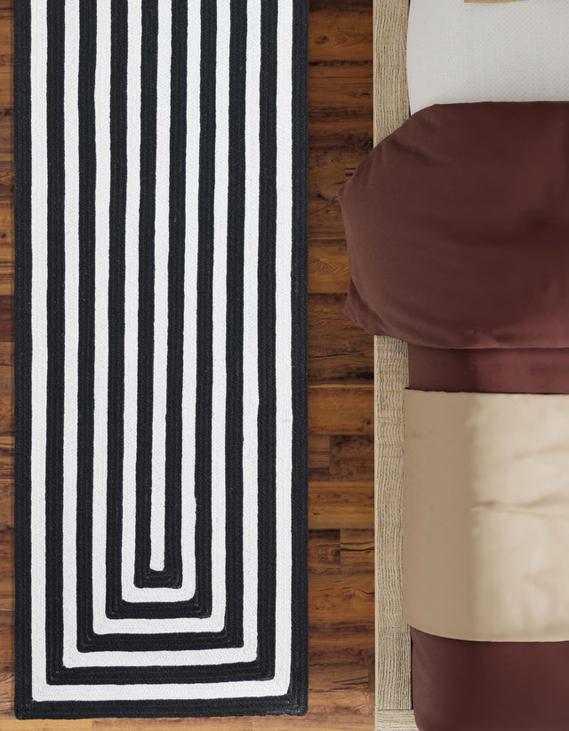 Washable Black and White 2' x 8' Eco Verse Indoor Outdoor Washable Runner Area Rug Easy to Clean Stain Resistant & Durable Weather Resistant for Patio, Deck, Terrace, Balcony, Porch 100% PET Polyester (Recycled Plastic Bottles) for Sale at Rug Engine