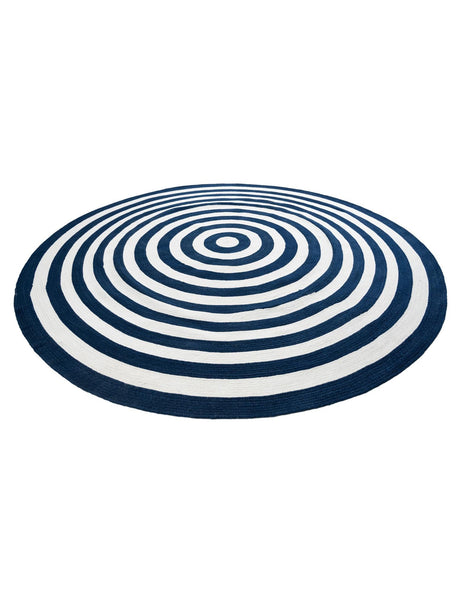 Washable Navy Blue and White 10' x 10' Eco Verse Indoor Outdoor Washable Round Area Rug Easy to Clean Stain Resistant & Durable Weather Resistant for Patio, Deck, Terrace, Balcony, Porch 100% PET Polyester (Recycled Plastic Bottles) for Sale at Rug Engine