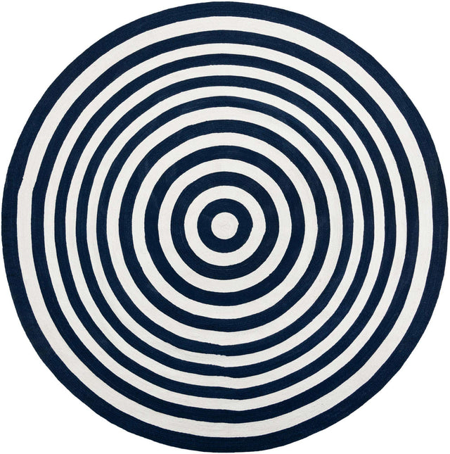 Washable Navy Blue and White 10' x 10' Eco Verse Indoor Outdoor Washable Round Area Rug Easy to Clean Stain Resistant & Durable Weather Resistant for Patio, Deck, Terrace, Balcony, Porch 100% PET Polyester (Recycled Plastic Bottles) for Sale at Rug Engine