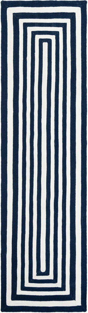 Washable Navy Blue and White 2' 7 x 10' Eco Verse Indoor Outdoor Washable Runner Area Rug Easy to Clean Stain Resistant & Durable Weather Resistant for Patio, Deck, Terrace, Balcony, Porch 100% PET Polyester (Recycled Plastic Bottles) for Sale at Rug Engine