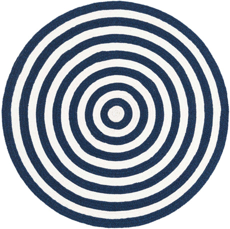 Washable Navy Blue and White 3' 3 x 3' 3 Eco Verse Indoor Outdoor Washable Round Area Rug Easy to Clean Stain Resistant & Durable Weather Resistant for Patio, Deck, Terrace, Balcony, Porch 100% PET Polyester (Recycled Plastic Bottles) for Sale at Rug Engine