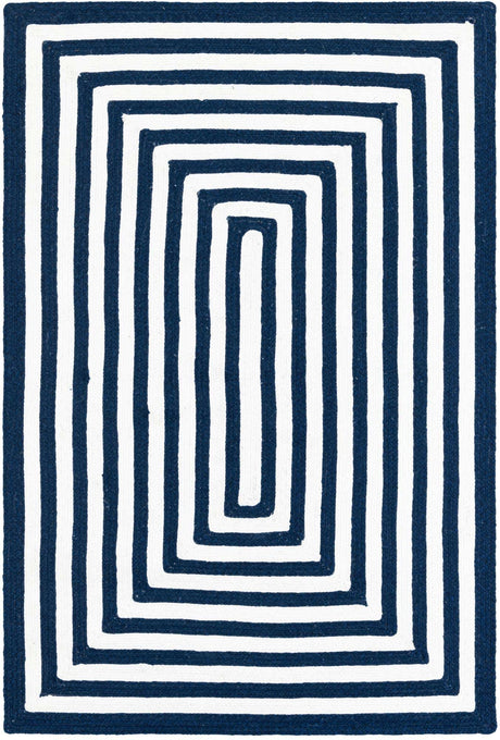 Washable Navy Blue and White 4' 1 x 6' 1 Eco Verse Indoor Outdoor Washable Rectangle Area Rug Easy to Clean Stain Resistant & Durable Weather Resistant for Patio, Deck, Terrace, Balcony, Porch 100% PET Polyester (Recycled Plastic Bottles) for Sale at Rug Engine