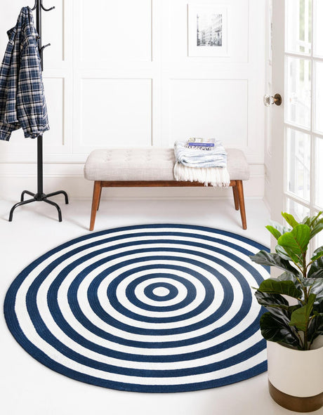 Washable Navy Blue and White 7' 10 x 7' 10 Eco Verse Indoor Outdoor Washable Round Area Rug Easy to Clean Stain Resistant & Durable Weather Resistant for Patio, Deck, Terrace, Balcony, Porch 100% PET Polyester (Recycled Plastic Bottles) for Sale at Rug Engine