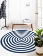 Washable Navy Blue and White 7' 10 x 7' 10 Eco Verse Indoor Outdoor Washable Round Area Rug Easy to Clean Stain Resistant & Durable Weather Resistant for Patio, Deck, Terrace, Balcony, Porch 100% PET Polyester (Recycled Plastic Bottles) for Sale at Rug Engine