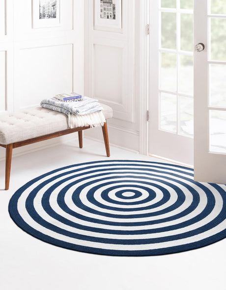 Washable Navy Blue and White 5' 3 x 5' 3 Eco Verse Indoor Outdoor Washable Round Area Rug Easy to Clean Stain Resistant & Durable Weather Resistant for Patio, Deck, Terrace, Balcony, Porch 100% PET Polyester (Recycled Plastic Bottles) for Sale at Rug Engine
