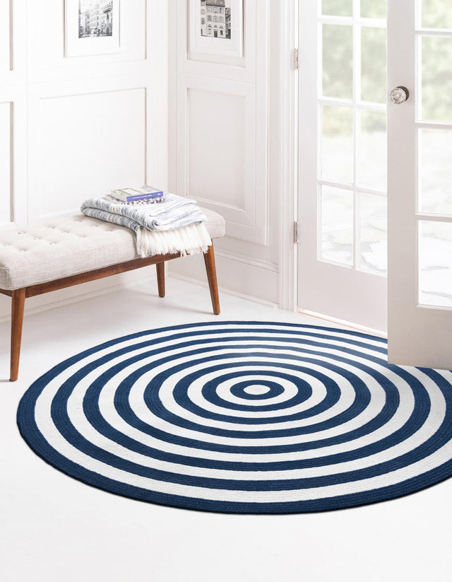 Washable Navy Blue and White 5' 3 x 5' 3 Eco Verse Indoor Outdoor Washable Round Area Rug Easy to Clean Stain Resistant & Durable Weather Resistant for Patio, Deck, Terrace, Balcony, Porch 100% PET Polyester (Recycled Plastic Bottles) for Sale at Rug Engine