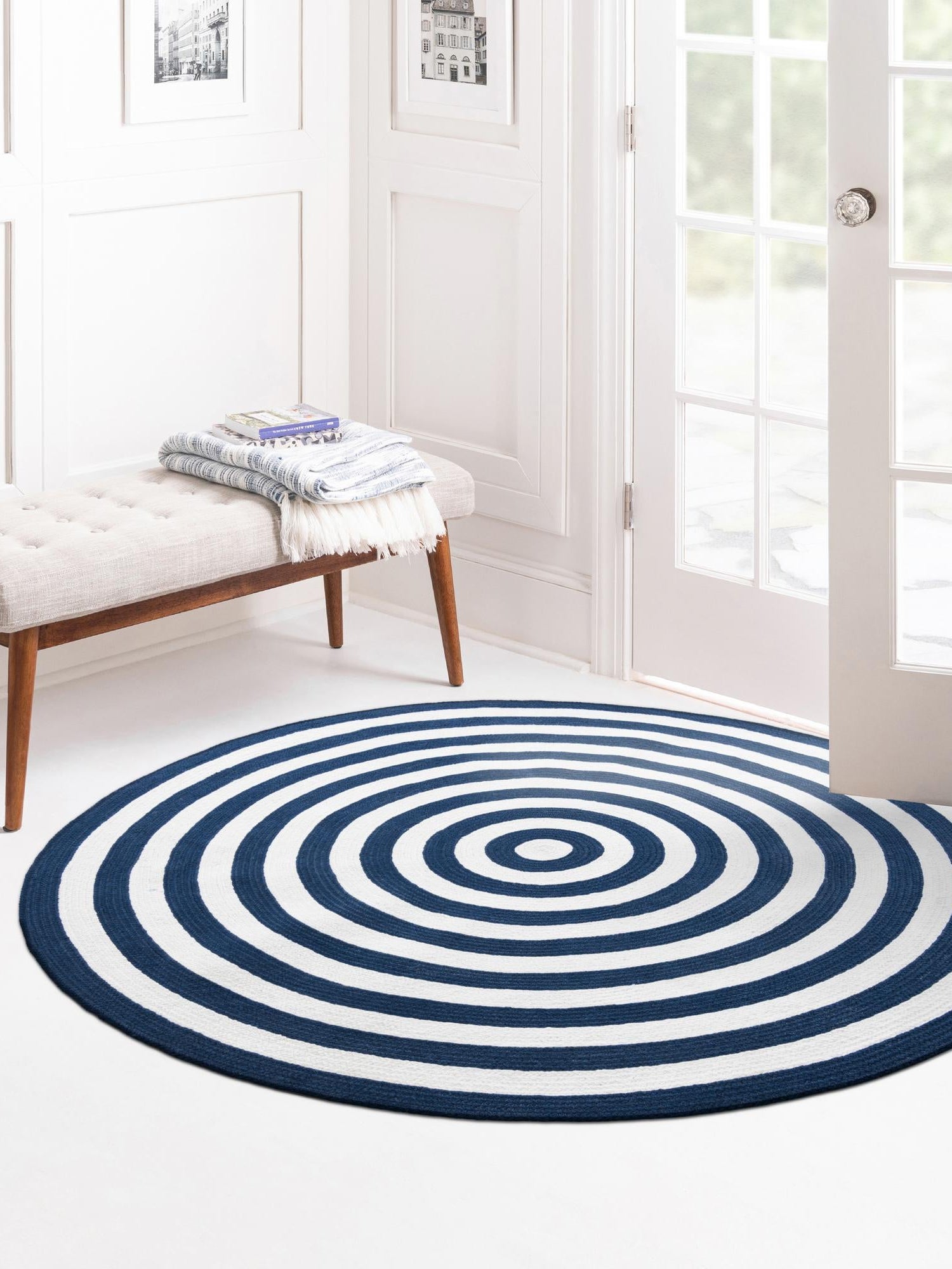 Washable Navy Blue and White 7' 10 x 7' 10 Eco Verse Indoor Outdoor Washable Round Area Rug Easy to Clean Stain Resistant & Durable Weather Resistant for Patio, Deck, Terrace, Balcony, Porch 100% PET Polyester (Recycled Plastic Bottles) for Sale at Rug Engine