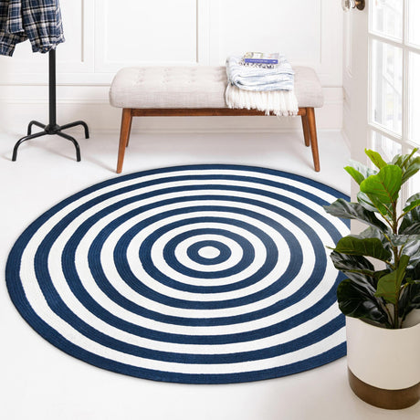 Washable Navy Blue and White 10' x 10' Eco Verse Indoor Outdoor Washable Round Area Rug Easy to Clean Stain Resistant & Durable Weather Resistant for Patio, Deck, Terrace, Balcony, Porch 100% PET Polyester (Recycled Plastic Bottles) for Sale at Rug Engine