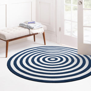Washable Navy Blue and White 10' x 10' Eco Verse Indoor Outdoor Washable Round Area Rug Easy to Clean Stain Resistant & Durable Weather Resistant for Patio, Deck, Terrace, Balcony, Porch 100% PET Polyester (Recycled Plastic Bottles) for Sale at Rug Engine