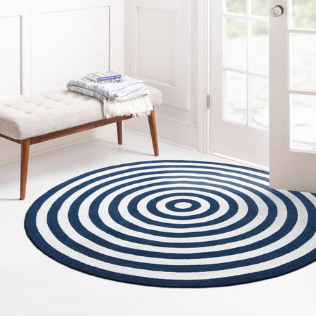 Washable Navy Blue and White 10' x 10' Eco Verse Indoor Outdoor Washable Round Area Rug Easy to Clean Stain Resistant & Durable Weather Resistant for Patio, Deck, Terrace, Balcony, Porch 100% PET Polyester (Recycled Plastic Bottles) for Sale at Rug Engine