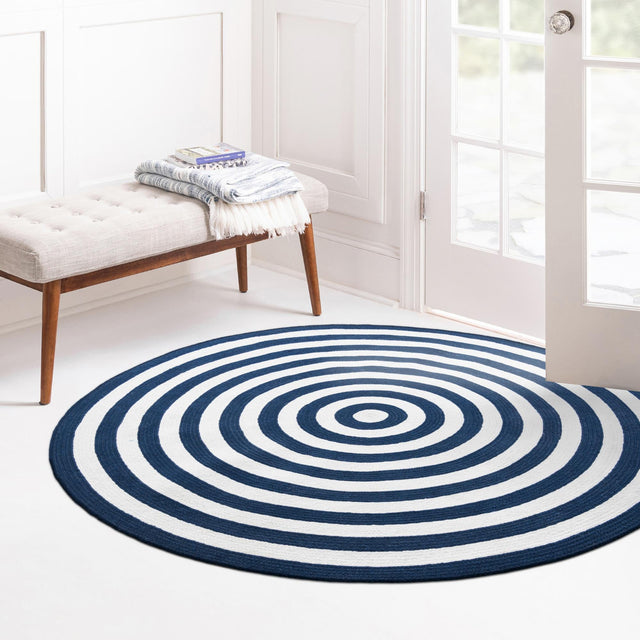 Washable Navy Blue and White 10' x 10' Eco Verse Indoor Outdoor Washable Round Area Rug Easy to Clean Stain Resistant & Durable Weather Resistant for Patio, Deck, Terrace, Balcony, Porch 100% PET Polyester (Recycled Plastic Bottles) for Sale at Rug Engine