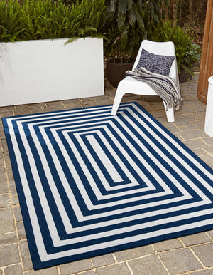 Washable Navy Blue and White 4' 1 x 6' 1 Eco Verse Indoor Outdoor Washable Rectangle Area Rug Easy to Clean Stain Resistant & Durable Weather Resistant for Patio, Deck, Terrace, Balcony, Porch 100% PET Polyester (Recycled Plastic Bottles) for Sale at Rug Engine