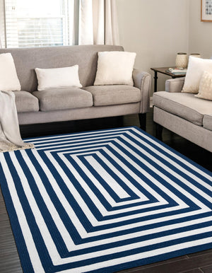 Washable Navy Blue and White 7' 10 x 10' Eco Verse Indoor Outdoor Washable Rectangle Area Rug Easy to Clean Stain Resistant & Durable Weather Resistant for Patio, Deck, Terrace, Balcony, Porch 100% PET Polyester (Recycled Plastic Bottles) for Sale at Rug Engine