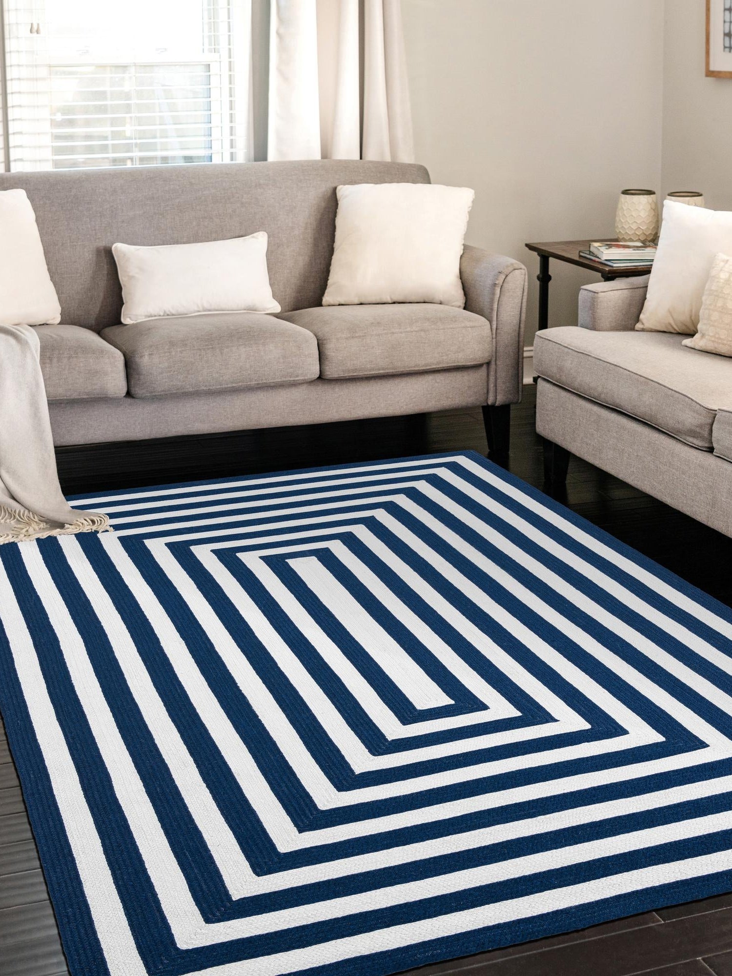 Washable Navy Blue and White 5' 3 x 8' Eco Verse Indoor Outdoor Washable Rectangle Area Rug Easy to Clean Stain Resistant & Durable Weather Resistant for Patio, Deck, Terrace, Balcony, Porch 100% PET Polyester (Recycled Plastic Bottles) for Sale at Rug Engine