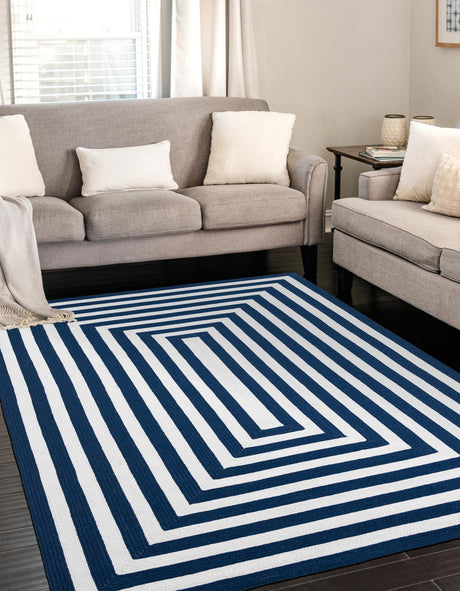 Washable Navy Blue and White 5' 3 x 8' Eco Verse Indoor Outdoor Washable Rectangle Area Rug Easy to Clean Stain Resistant & Durable Weather Resistant for Patio, Deck, Terrace, Balcony, Porch 100% PET Polyester (Recycled Plastic Bottles) for Sale at Rug Engine