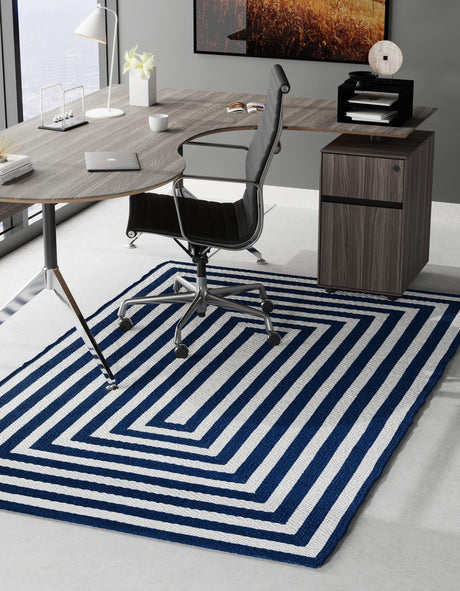 Washable Navy Blue and White 5' 3 x 8' Eco Verse Indoor Outdoor Washable Rectangle Area Rug Easy to Clean Stain Resistant & Durable Weather Resistant for Patio, Deck, Terrace, Balcony, Porch 100% PET Polyester (Recycled Plastic Bottles) for Sale at Rug Engine