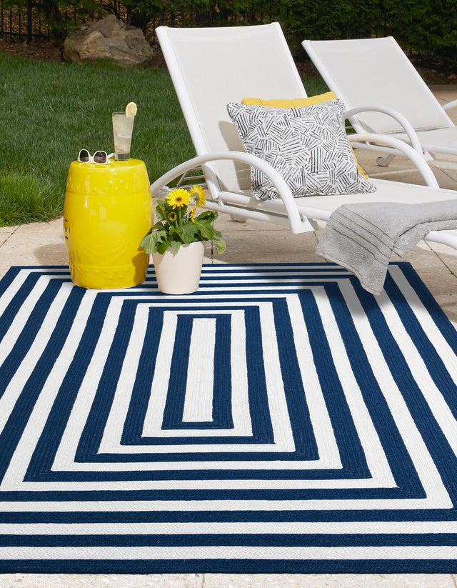 Washable Navy Blue and White 9' x 12' Eco Verse Indoor Outdoor Washable Rectangle Area Rug Easy to Clean Stain Resistant & Durable Weather Resistant for Patio, Deck, Terrace, Balcony, Porch 100% PET Polyester (Recycled Plastic Bottles) for Sale at Rug Engine