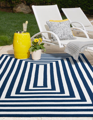 Washable Navy Blue and White 5' 3 x 8' Eco Verse Indoor Outdoor Washable Rectangle Area Rug Easy to Clean Stain Resistant & Durable Weather Resistant for Patio, Deck, Terrace, Balcony, Porch 100% PET Polyester (Recycled Plastic Bottles) for Sale at Rug Engine