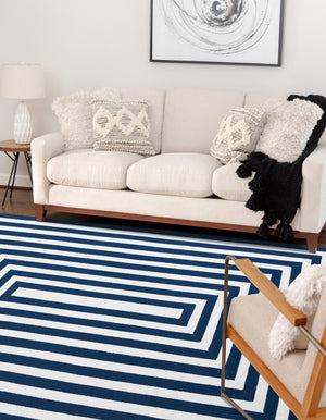 Washable Navy Blue and White 5' 3 x 8' Eco Verse Indoor Outdoor Washable Rectangle Area Rug Easy to Clean Stain Resistant & Durable Weather Resistant for Patio, Deck, Terrace, Balcony, Porch 100% PET Polyester (Recycled Plastic Bottles) for Sale at Rug Engine
