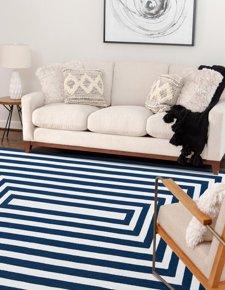 Washable Navy Blue and White 2' 2 x 3' 1 Eco Verse Indoor Outdoor Washable Rectangle Area Rug Easy to Clean Stain Resistant & Durable Weather Resistant for Patio, Deck, Terrace, Balcony, Porch 100% PET Polyester (Recycled Plastic Bottles) for Sale at Rug Engine