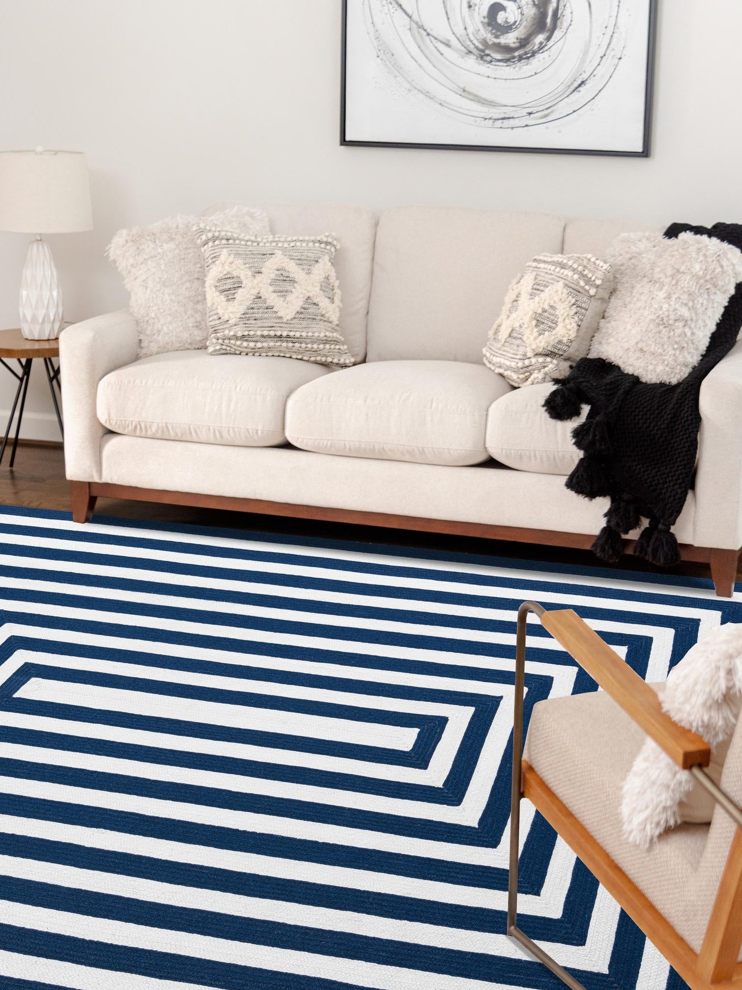 Washable Navy Blue and White 7' 10 x 10' Eco Verse Indoor Outdoor Washable Rectangle Area Rug Easy to Clean Stain Resistant & Durable Weather Resistant for Patio, Deck, Terrace, Balcony, Porch 100% PET Polyester (Recycled Plastic Bottles) for Sale at Rug Engine