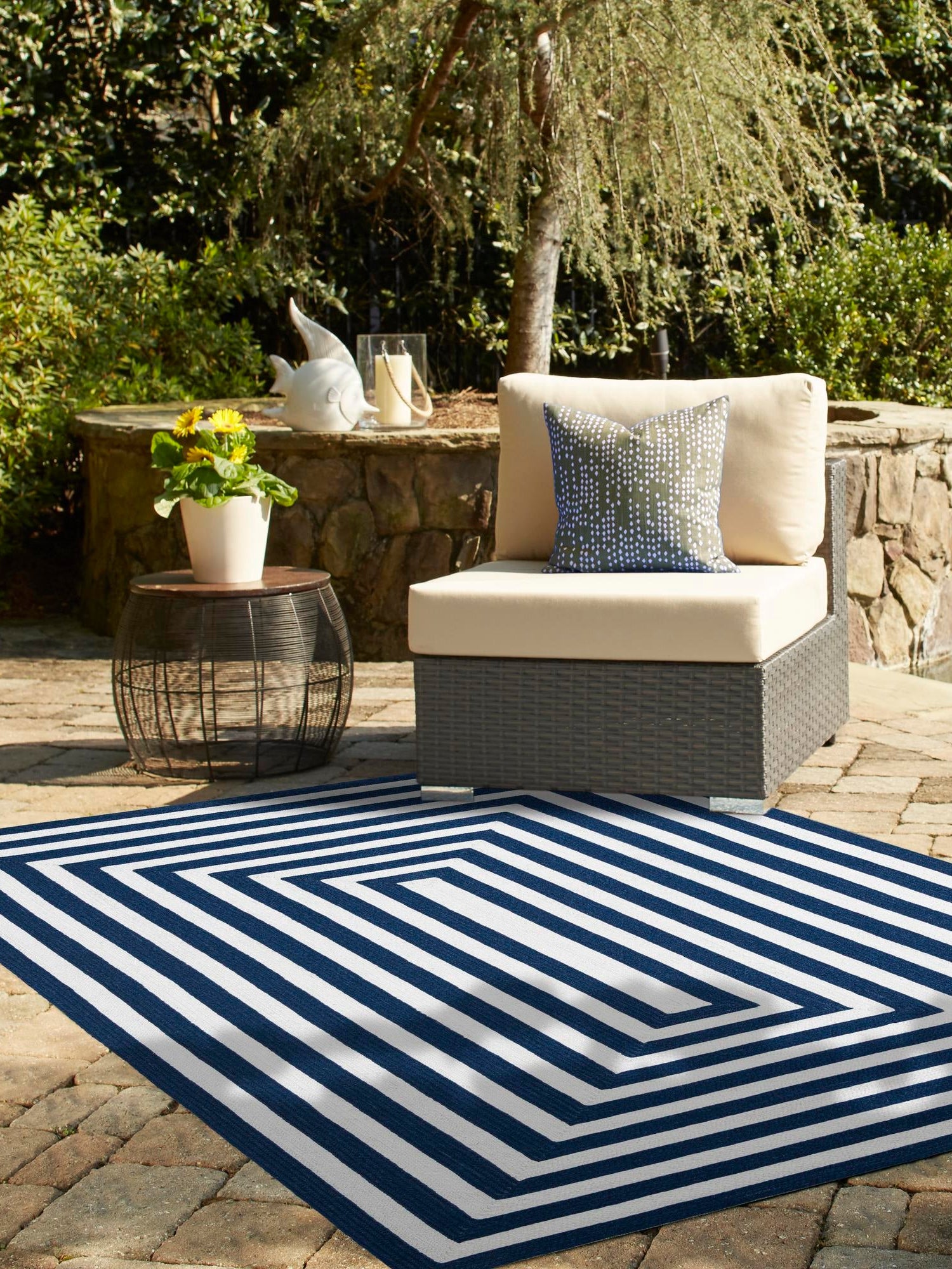 Washable Navy Blue and White 9' x 12' Eco Verse Indoor Outdoor Washable Rectangle Area Rug Easy to Clean Stain Resistant & Durable Weather Resistant for Patio, Deck, Terrace, Balcony, Porch 100% PET Polyester (Recycled Plastic Bottles) for Sale at Rug Engine