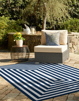 Washable Navy Blue and White 4' 1 x 6' 1 Eco Verse Indoor Outdoor Washable Rectangle Area Rug Easy to Clean Stain Resistant & Durable Weather Resistant for Patio, Deck, Terrace, Balcony, Porch 100% PET Polyester (Recycled Plastic Bottles) for Sale at Rug Engine