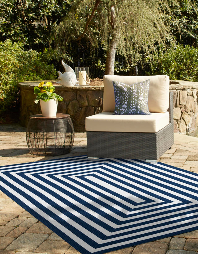 Washable Navy Blue and White 4' 1 x 6' 1 Eco Verse Indoor Outdoor Washable Rectangle Area Rug Easy to Clean Stain Resistant & Durable Weather Resistant for Patio, Deck, Terrace, Balcony, Porch 100% PET Polyester (Recycled Plastic Bottles) for Sale at Rug Engine