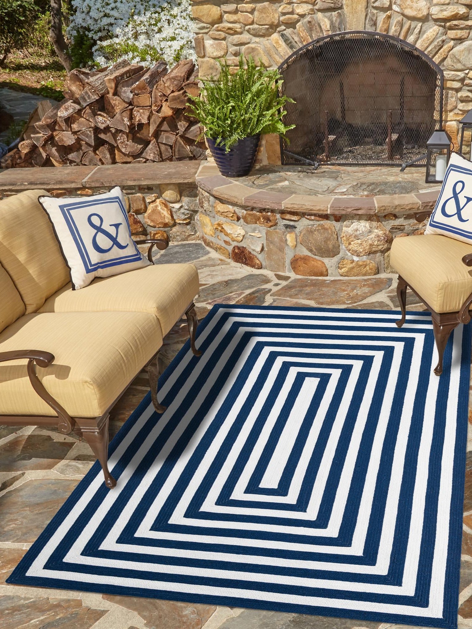 Washable Navy Blue and White 4' 1 x 6' 1 Eco Verse Indoor Outdoor Washable Rectangle Area Rug Easy to Clean Stain Resistant & Durable Weather Resistant for Patio, Deck, Terrace, Balcony, Porch 100% PET Polyester (Recycled Plastic Bottles) for Sale at Rug Engine