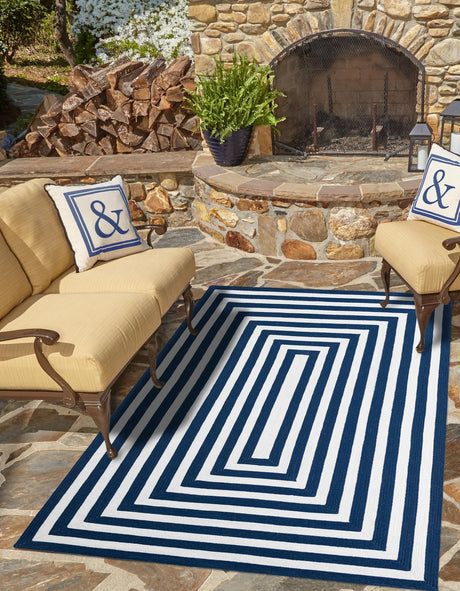 Washable Navy Blue and White 4' 1 x 6' 1 Eco Verse Indoor Outdoor Washable Rectangle Area Rug Easy to Clean Stain Resistant & Durable Weather Resistant for Patio, Deck, Terrace, Balcony, Porch 100% PET Polyester (Recycled Plastic Bottles) for Sale at Rug Engine