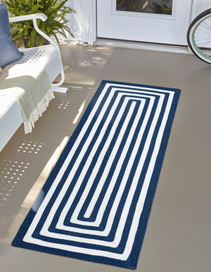 Washable Navy Blue and White 2' x 8' Eco Verse Indoor Outdoor Washable Runner Area Rug Easy to Clean Stain Resistant & Durable Weather Resistant for Patio, Deck, Terrace, Balcony, Porch 100% PET Polyester (Recycled Plastic Bottles) for Sale at Rug Engine