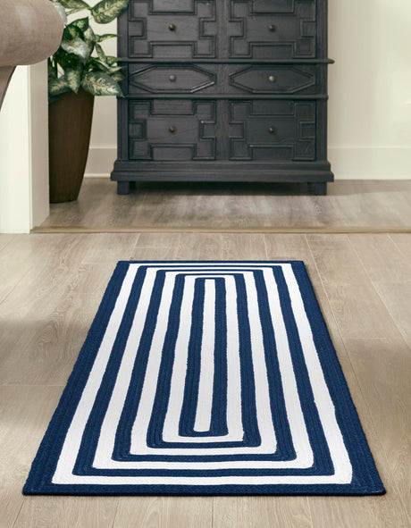 Washable Navy Blue and White 2' 7 x 10' Eco Verse Indoor Outdoor Washable Runner Area Rug Easy to Clean Stain Resistant & Durable Weather Resistant for Patio, Deck, Terrace, Balcony, Porch 100% PET Polyester (Recycled Plastic Bottles) for Sale at Rug Engine