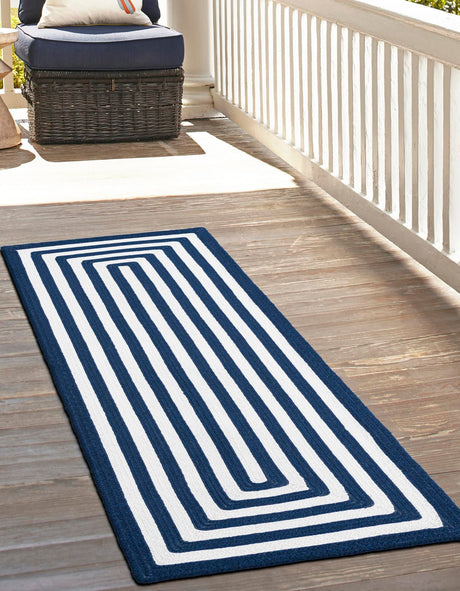 Washable Navy Blue and White 2' 7 x 10' Eco Verse Indoor Outdoor Washable Runner Area Rug Easy to Clean Stain Resistant & Durable Weather Resistant for Patio, Deck, Terrace, Balcony, Porch 100% PET Polyester (Recycled Plastic Bottles) for Sale at Rug Engine