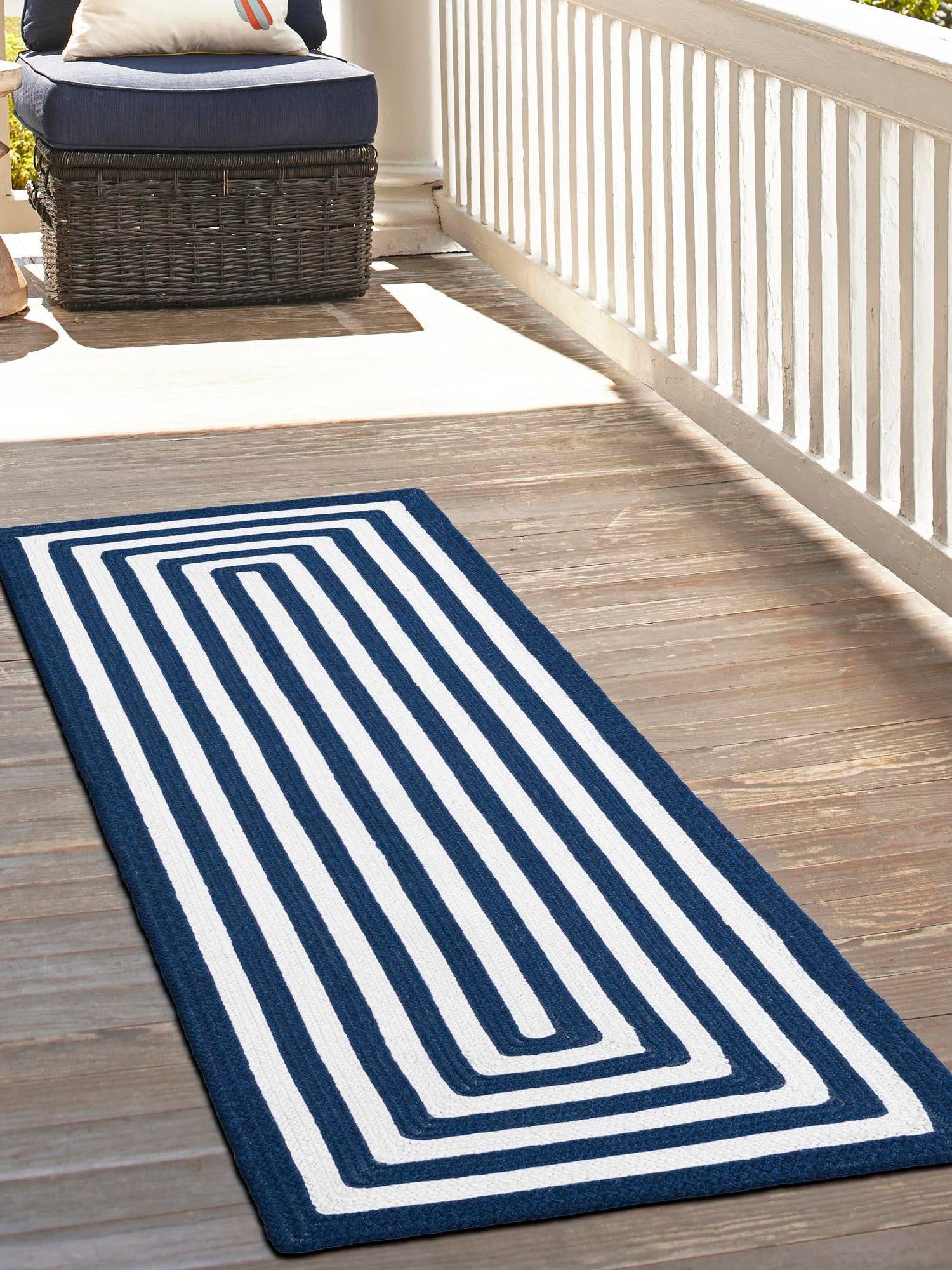 Washable Navy Blue and White 2' x 8' Eco Verse Indoor Outdoor Washable Runner Area Rug Easy to Clean Stain Resistant & Durable Weather Resistant for Patio, Deck, Terrace, Balcony, Porch 100% PET Polyester (Recycled Plastic Bottles) for Sale at Rug Engine