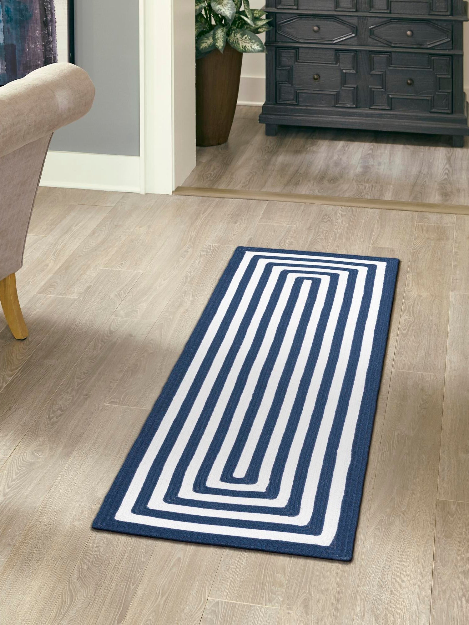 Washable Navy Blue and White 2' x 4' 1 Eco Verse Indoor Outdoor Washable Runner Area Rug Easy to Clean Stain Resistant & Durable Weather Resistant for Patio, Deck, Terrace, Balcony, Porch 100% PET Polyester (Recycled Plastic Bottles) for Sale at Rug Engine